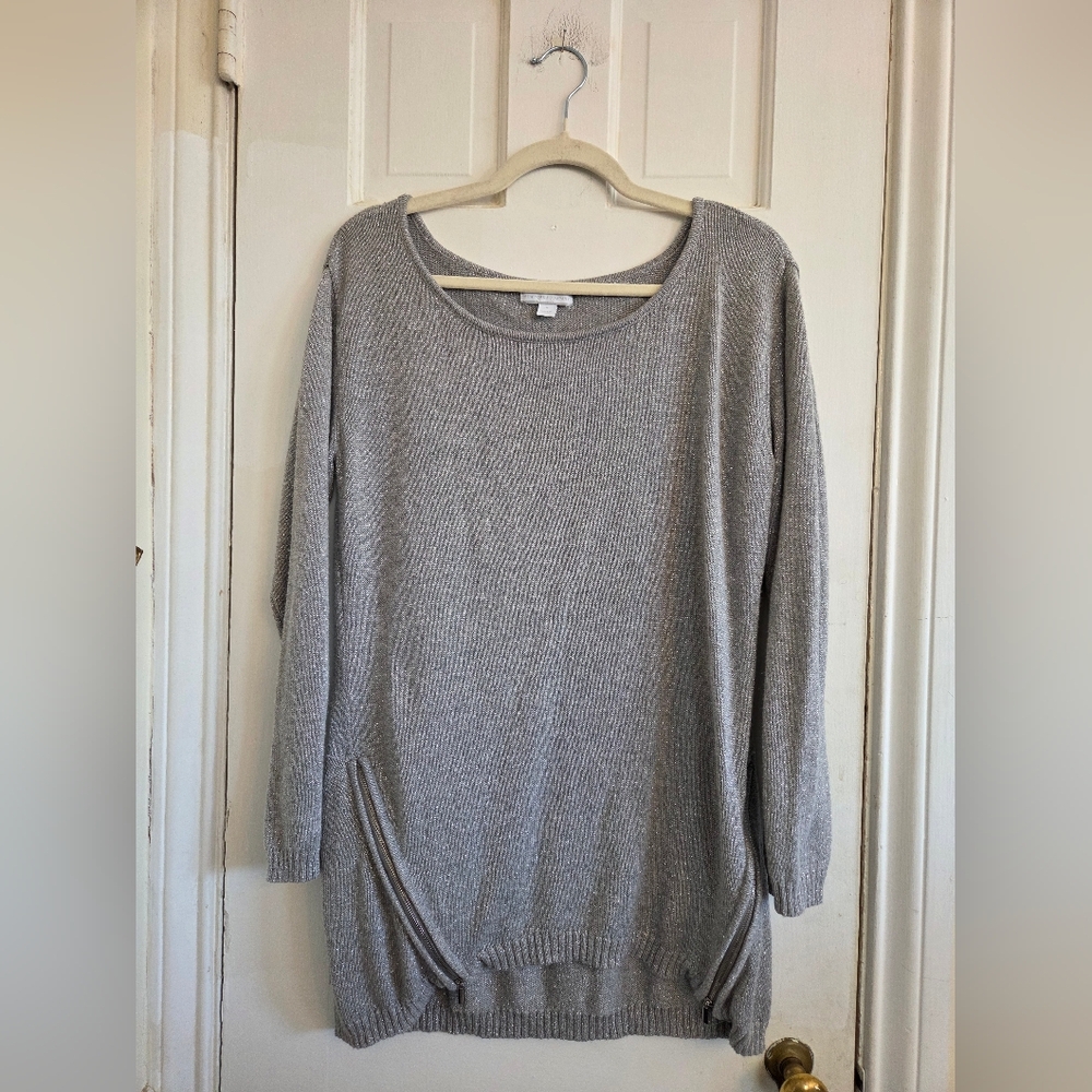 New York & Company Silver Scoop Neck Sweater With Zipper Trim